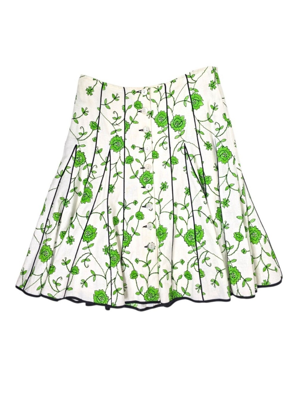Vintage Nanette Lepore Linen Skirt M Green Floral Embroidered Knee Length Y2K